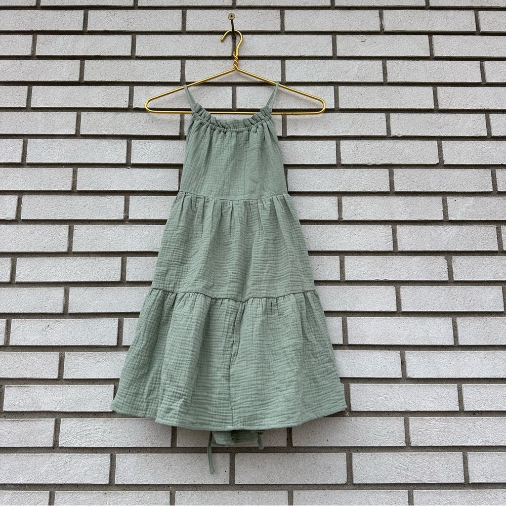NWT SHEIN VCAY Sage Green Cotton Gauze Tiered Mini Dress Open Back Tie Boho S